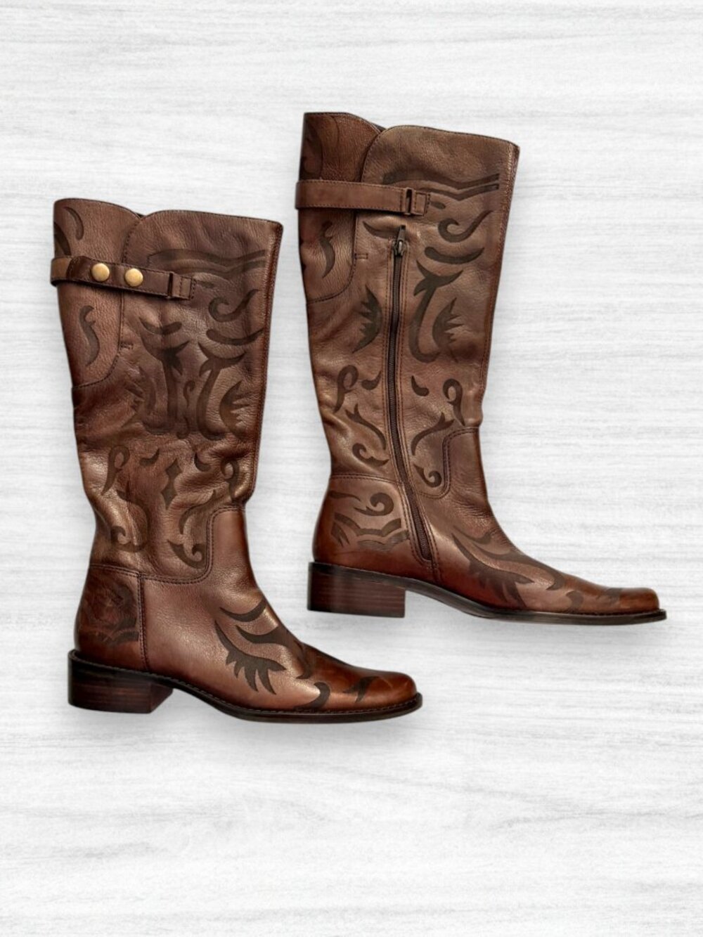 Matisse Creed Tall Riding Boots Brown Leather Embossed Scroll Brazil Womens 7